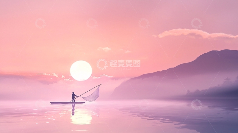 高清大图下载【趣麦麦图】粉红日出湖面渔船