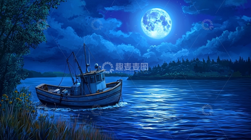 高清大图下载【趣麦麦图】月光下的渔船