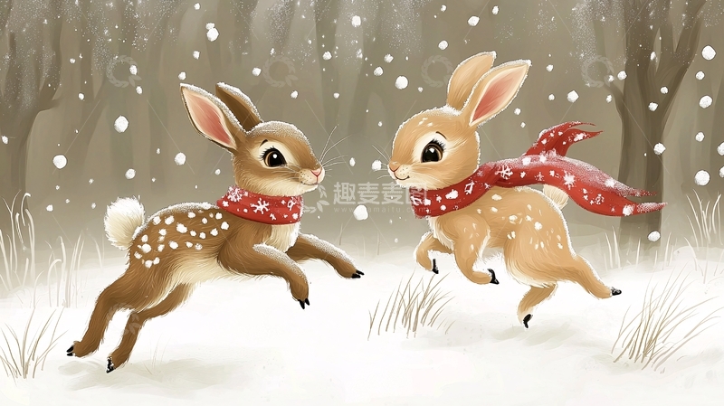 高清大图下载【趣麦麦图】雪中跳跃的可爱兔子