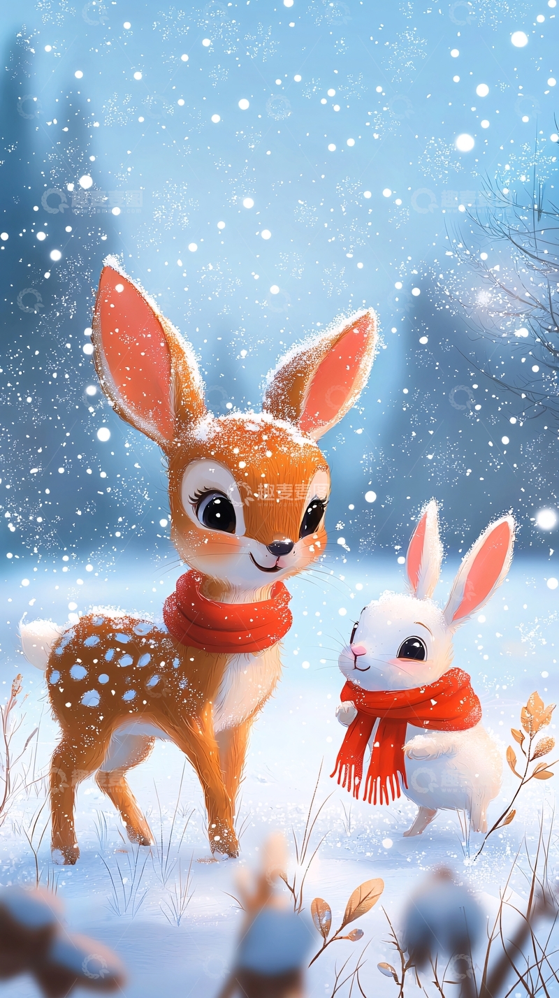 高清大图下载【趣麦麦图】可爱小鹿和白兔雪景图