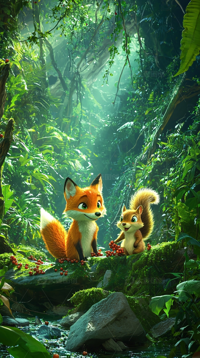 高清大图下载【趣麦麦图】森林里狐狸和松鼠