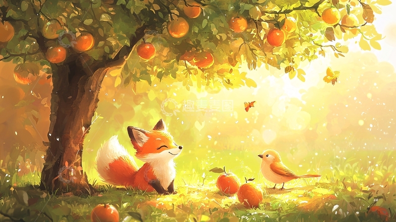 高清大图下载【趣麦麦图】阳光下的小狐狸和鸟