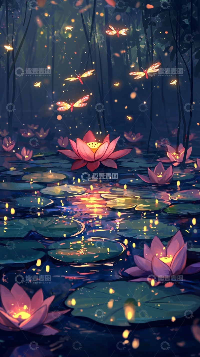 高清大图下载【趣麦麦图】梦幻萤火莲池