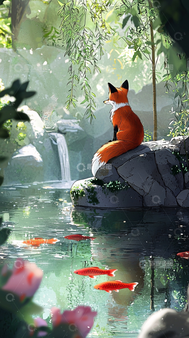 高清大图下载【趣麦麦图】森林小溪狐狸静坐