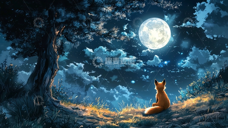 高清大图下载【趣麦麦图】狐狸仰望满月