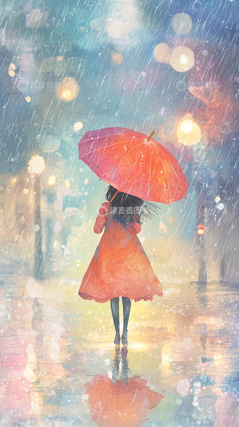 高清大图下载【趣麦麦图】-雨中红伞女孩