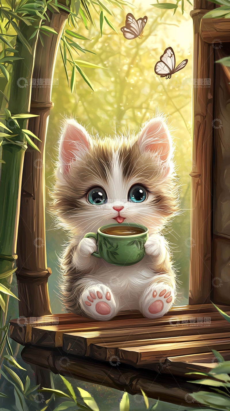 高清大图下载【趣麦麦图】萌宠小猫喝茶