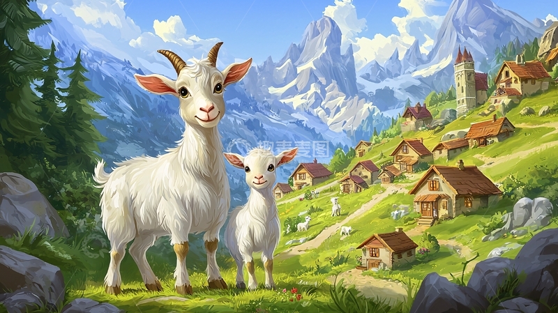 高清大图下载【趣麦麦图】山羊和山村风景图