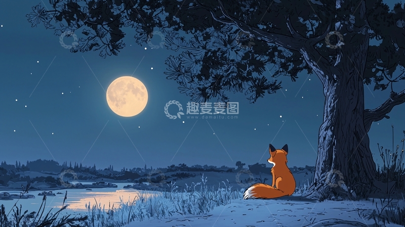 高清大图下载【趣麦麦图】月光下狐狸静坐