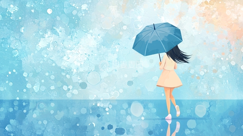 高清大图下载【趣麦麦图】蓝色雨伞女孩背影
