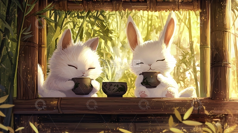 高清大图下载【趣麦麦图】两只兔子喝茶