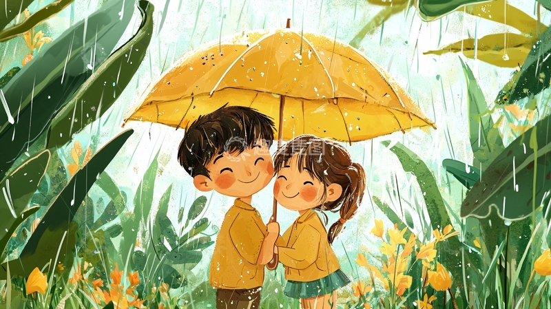 高清大图下载【趣麦麦图】雨中情侣黄伞