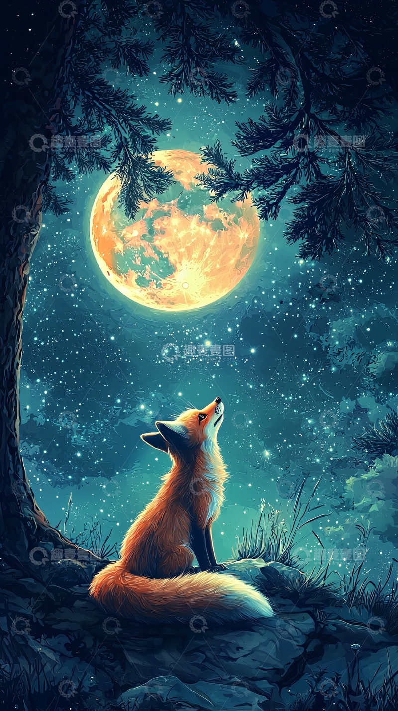 高清大图下载【趣麦麦图】星空下仰望月亮的狐狸