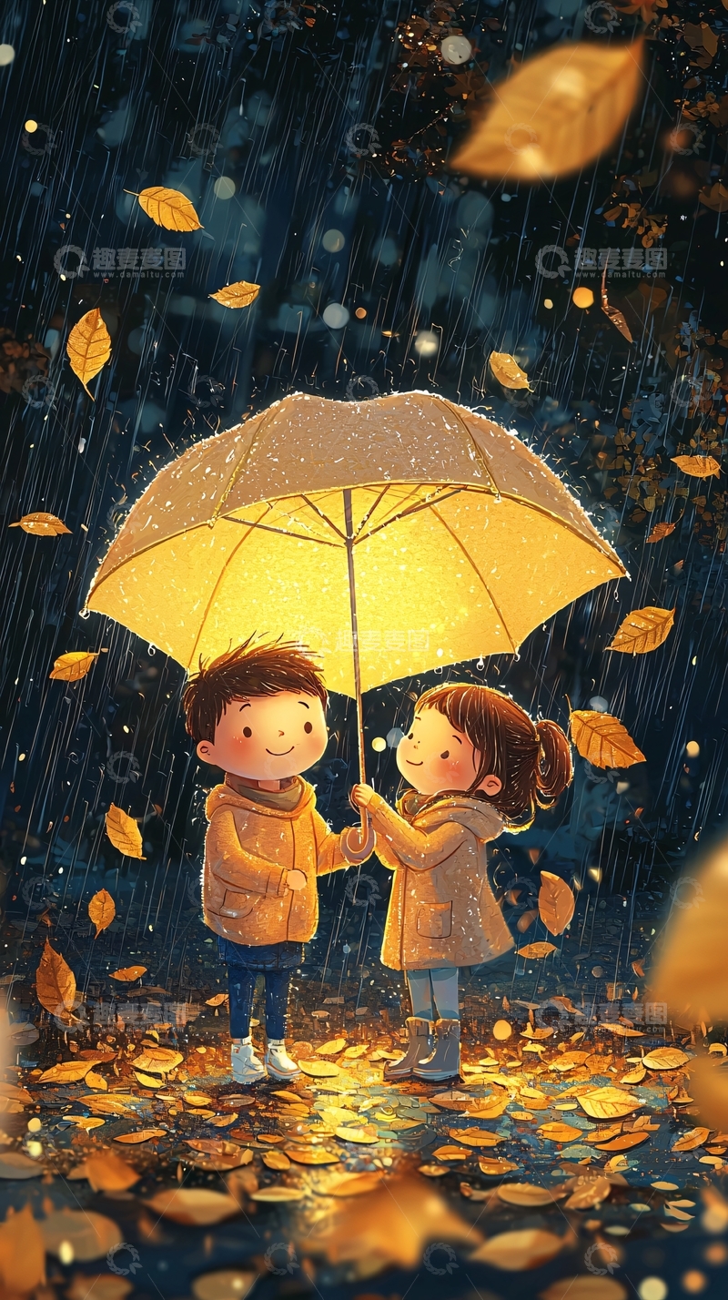 高清大图下载【趣麦麦图】雨中撑伞的卡通情侣