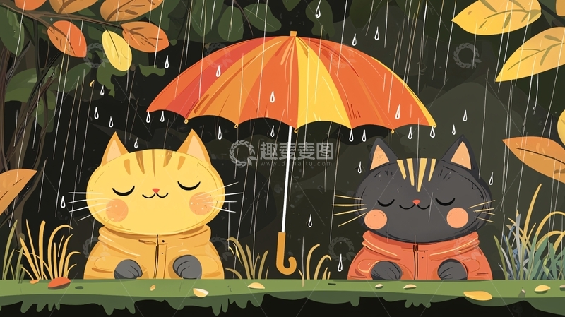 高清大图下载【趣麦麦图】秋雨猫咪雨伞图