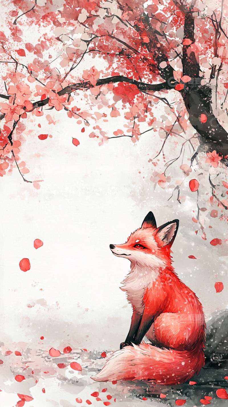 高清大图下载【趣麦麦图】红狐樱花树下静坐