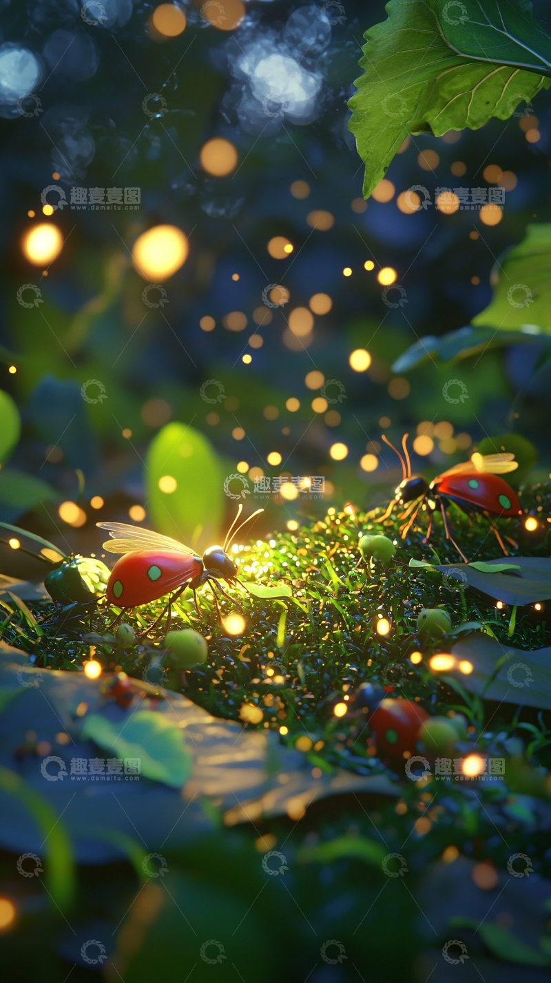 高清大图下载【趣麦麦图】萤火虫与瓢虫的梦幻森林