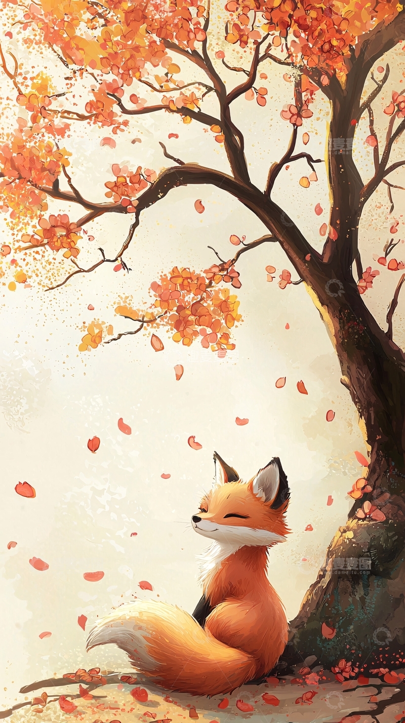 高清大图下载【趣麦麦图】秋季树下的小狐狸