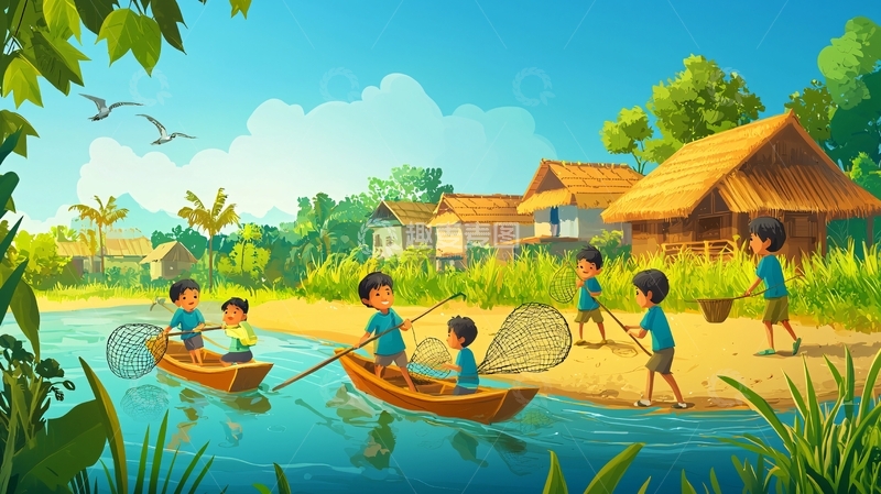 高清大图下载【趣麦麦图】儿童河边捕鱼