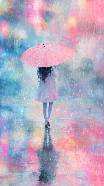 粉色雨伞女孩背影