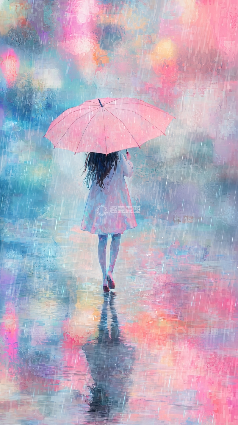 高清大图下载【趣麦麦图】粉色雨伞女孩背影