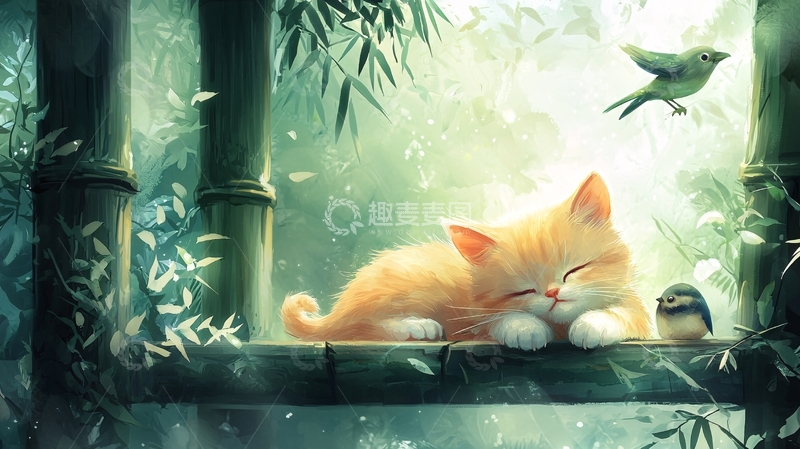 高清大图下载【趣麦麦图】小猫睡觉鸟儿陪伴
