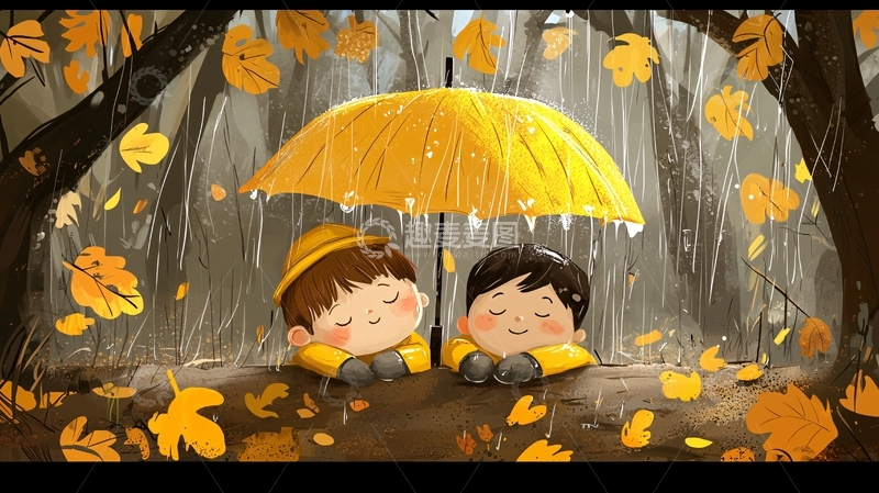 高清大图下载【趣麦麦图】秋雨黄伞下两个孩子