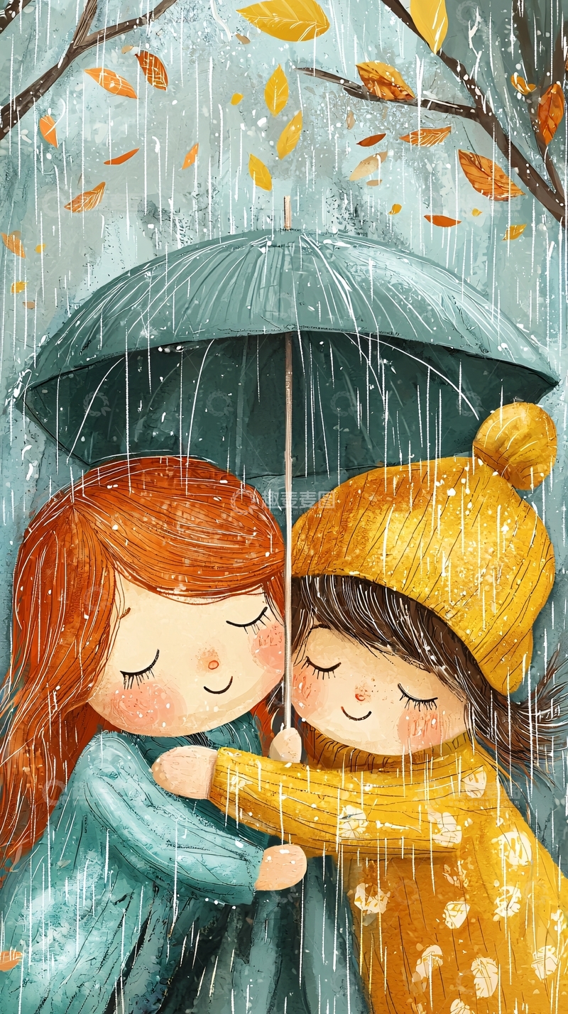 高清大图下载【趣麦麦图】雨中女孩拥抱