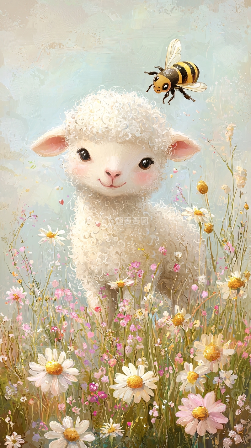 高清大图下载【趣麦麦图】可爱小羊和蜜蜂