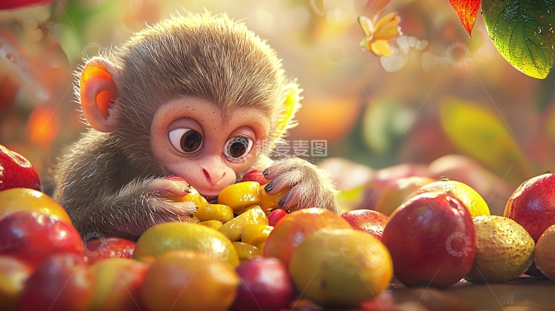 高清大图下载【趣麦麦图】可爱小猴子吃水果