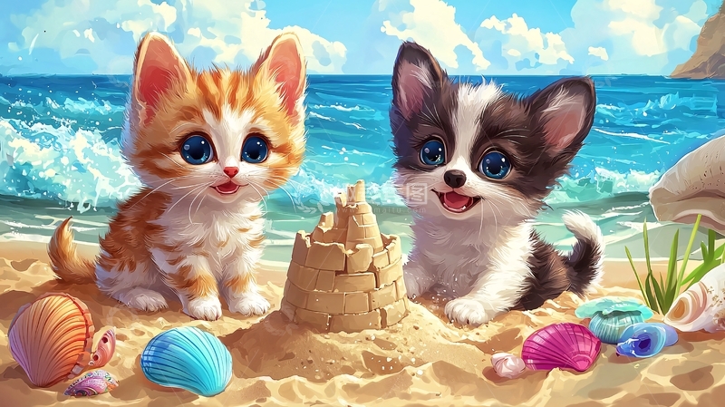 高清大图下载【趣麦麦图】沙滩上的猫咪和狗狗