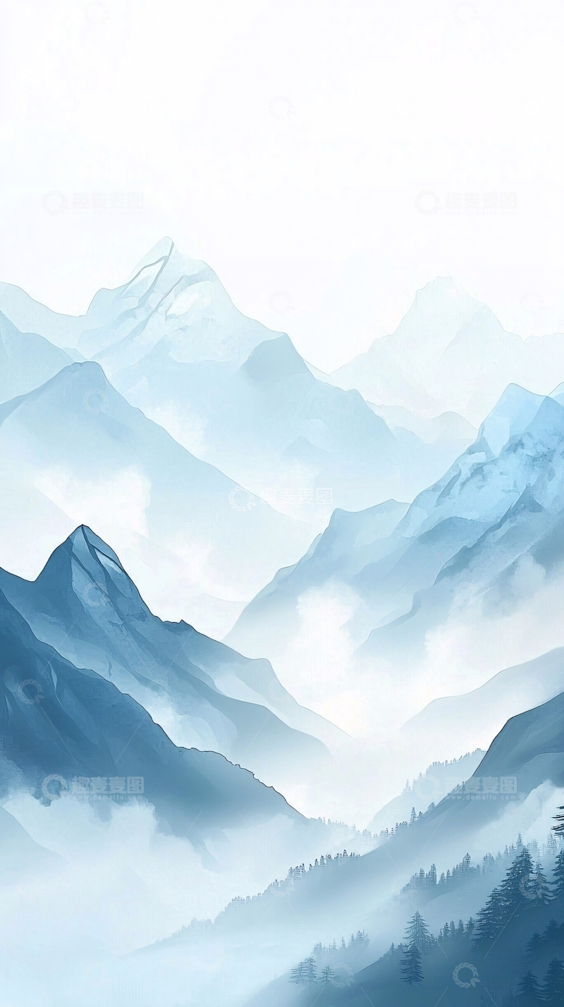 高清大图下载【趣麦麦图】水墨蓝调山峦