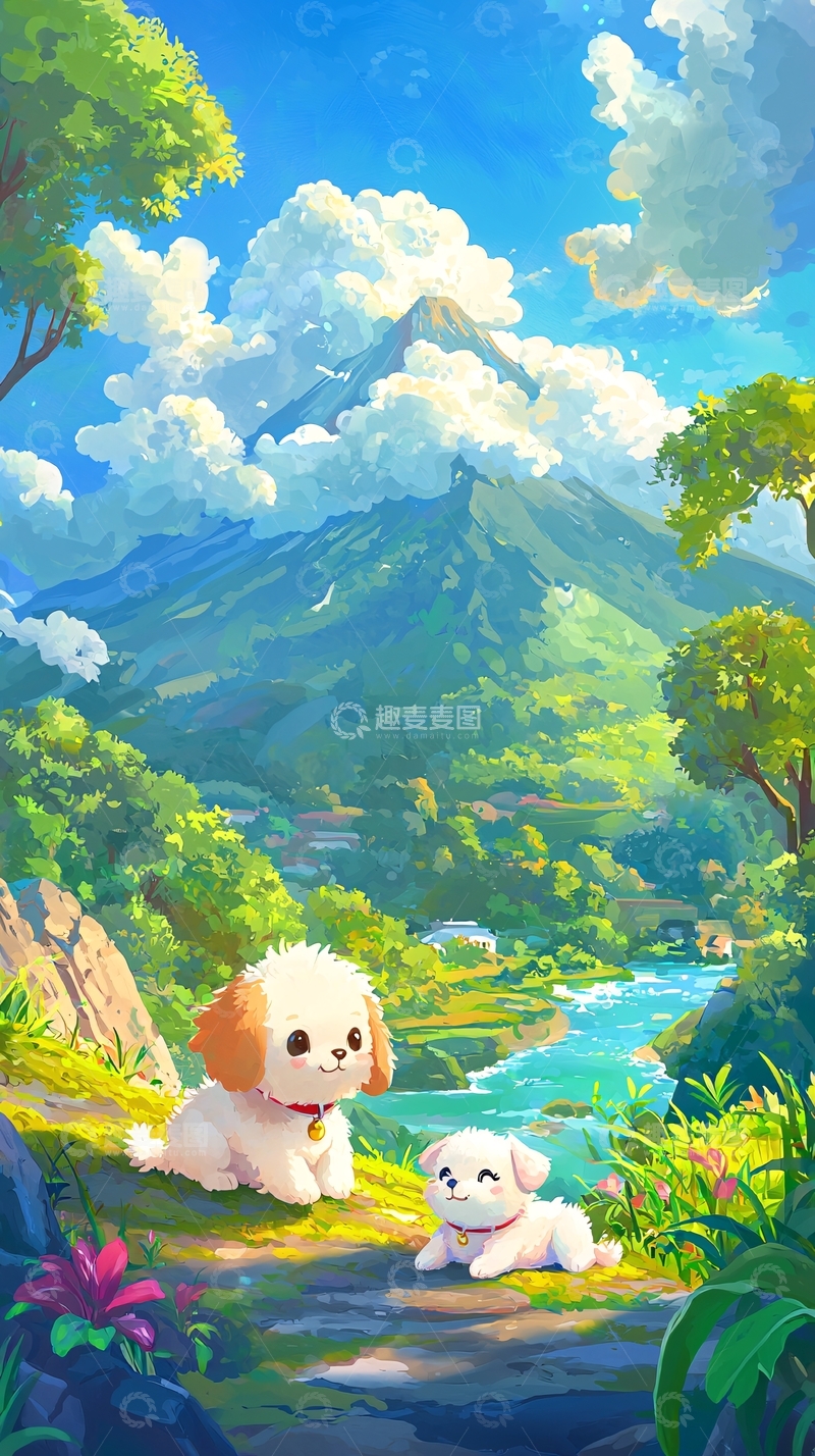 高清大图下载【趣麦麦图】山谷里的两只小狗