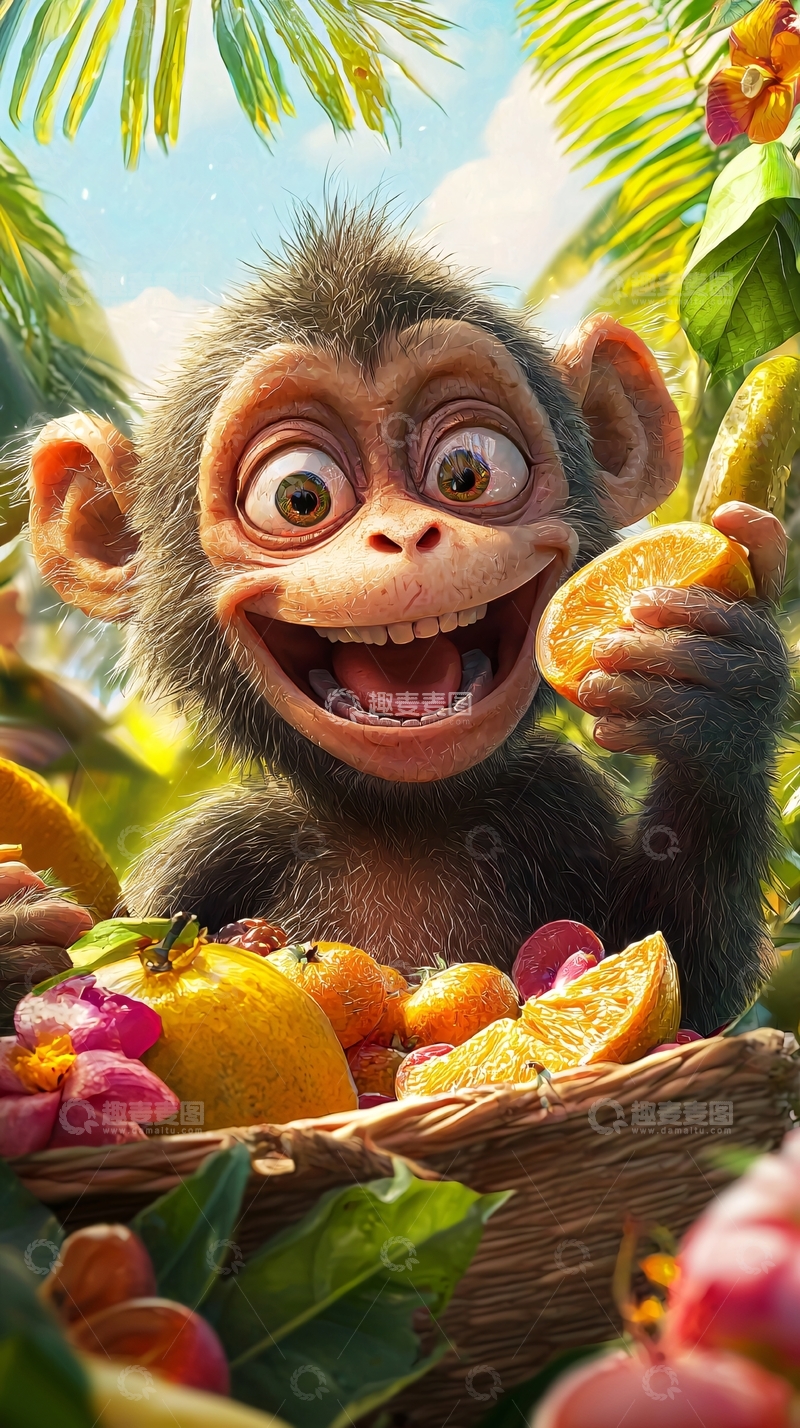 高清大图下载【趣麦麦图】开心吃水果的小猴子