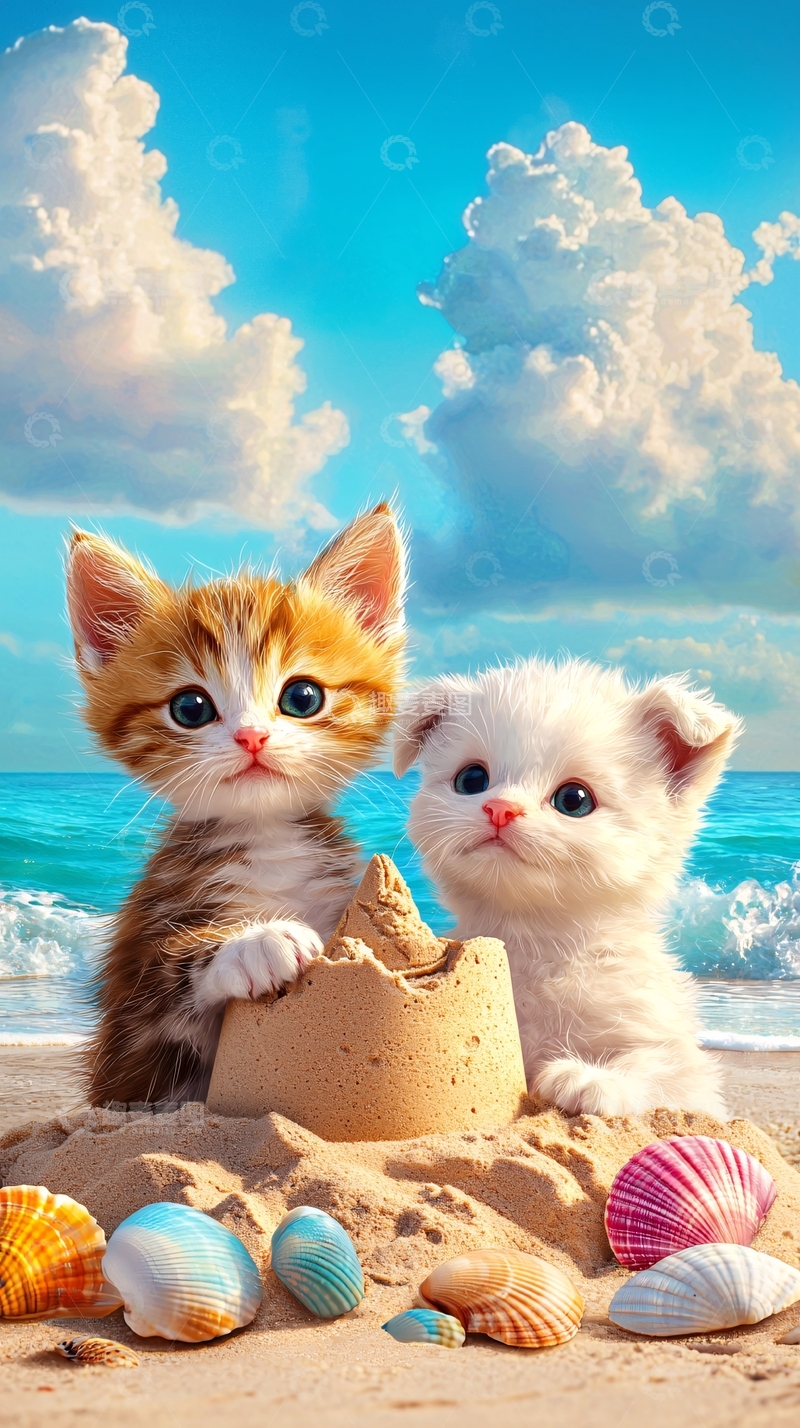 高清大图下载【趣麦麦图】沙滩上玩耍的两只小猫