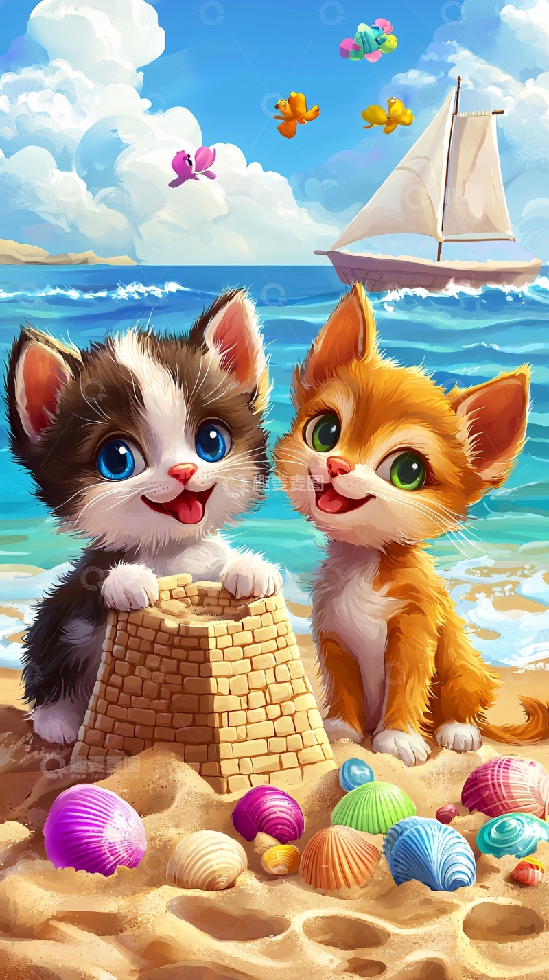 高清大图下载【趣麦麦图】沙滩上两只可爱的小猫