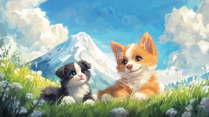 高清大图下载【趣麦麦图】可爱小狗与雪山