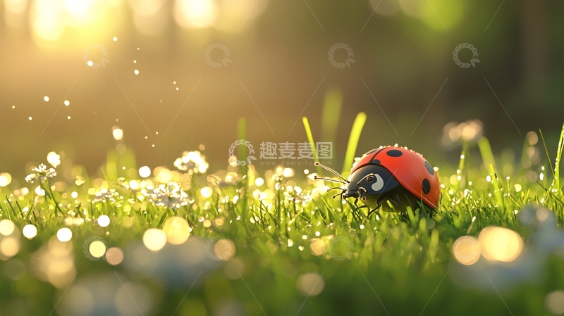 高清大图下载【趣麦麦图】阳光下草地上的瓢虫
