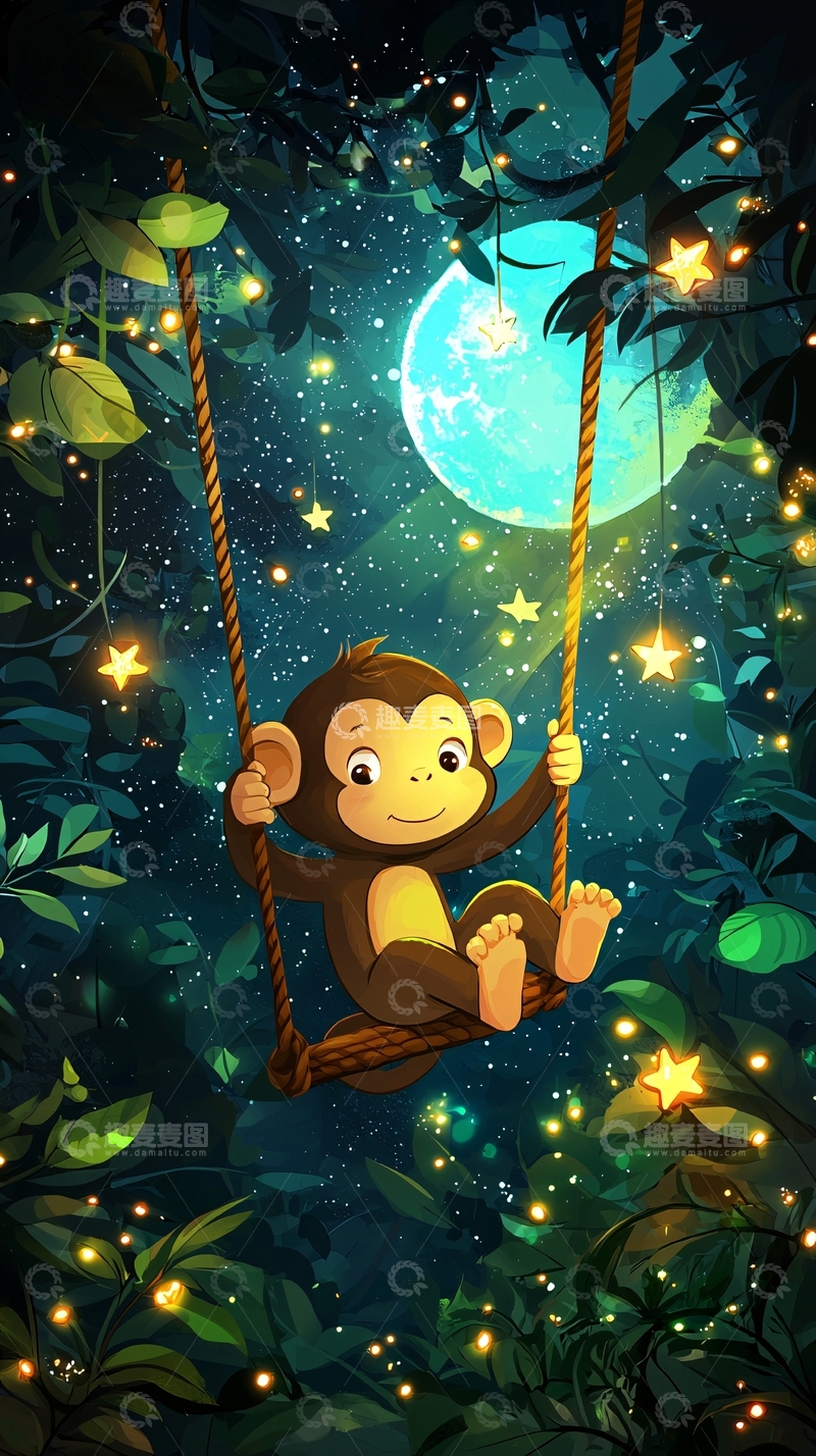 高清大图下载【趣麦麦图】小猴子荡秋千星空夜