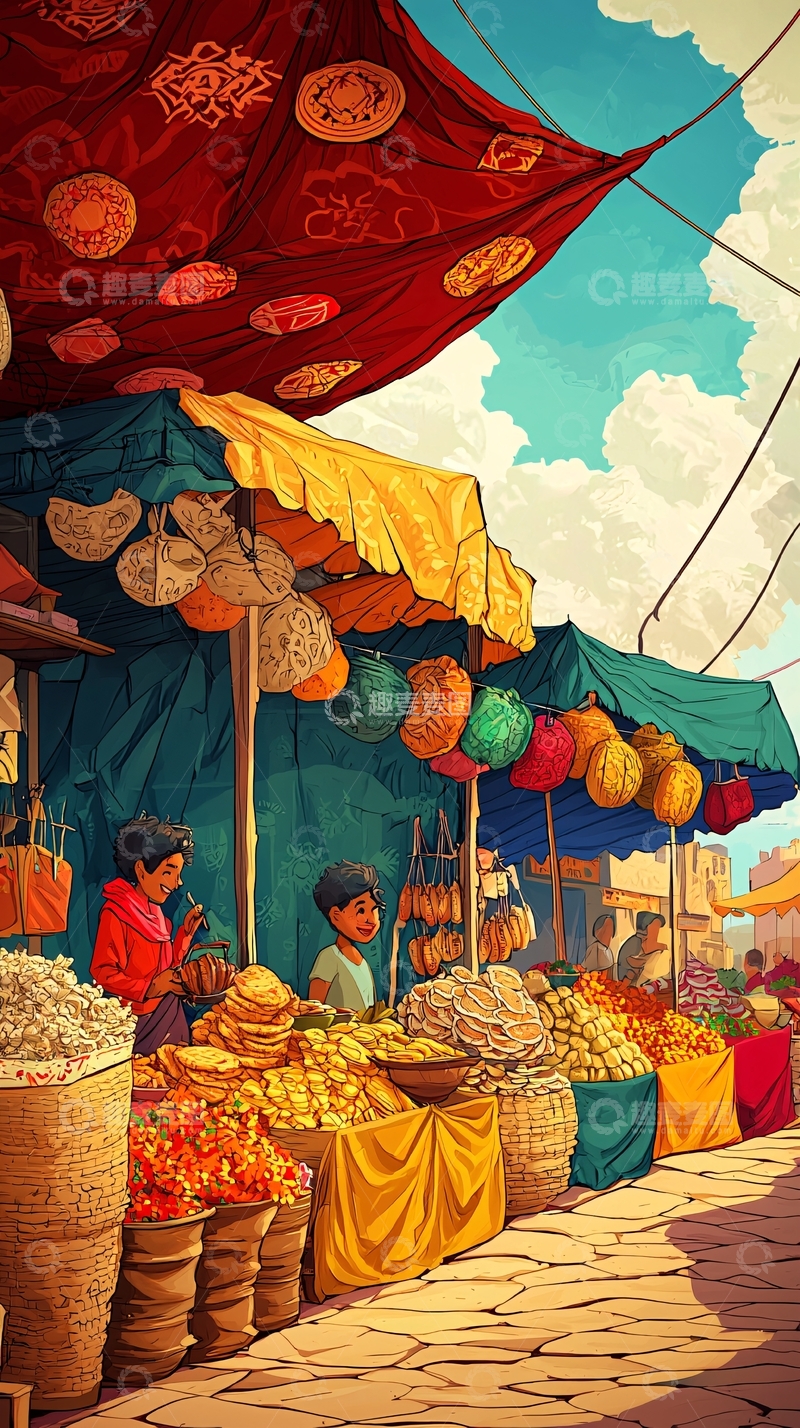 高清大图下载【趣麦麦图】彩色集市街景