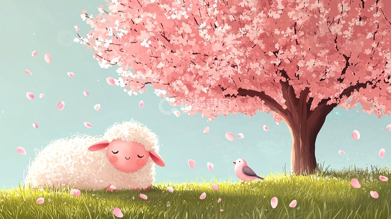 高清大图下载【趣麦麦图】小绵羊樱花树下休憩图
