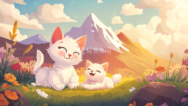高清大图下载【趣麦麦图】可爱猫咪与山峰花田