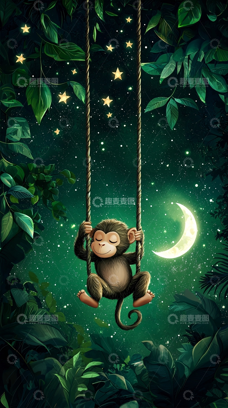 高清大图下载【趣麦麦图】小猴子荡秋千星空夜