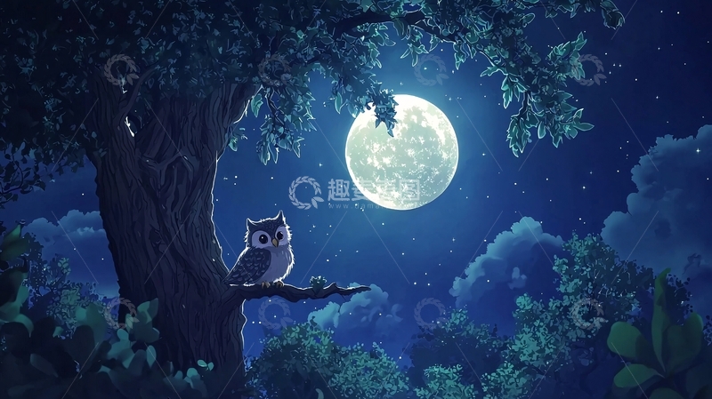 高清大图下载【趣麦麦图】月夜树梢上的猫头鹰