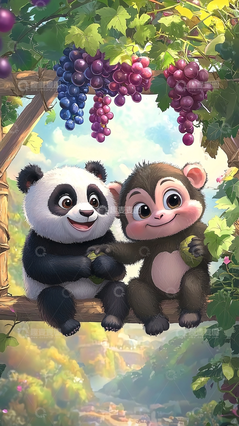 高清大图下载【趣麦麦图】卡通熊猫猴子葡萄