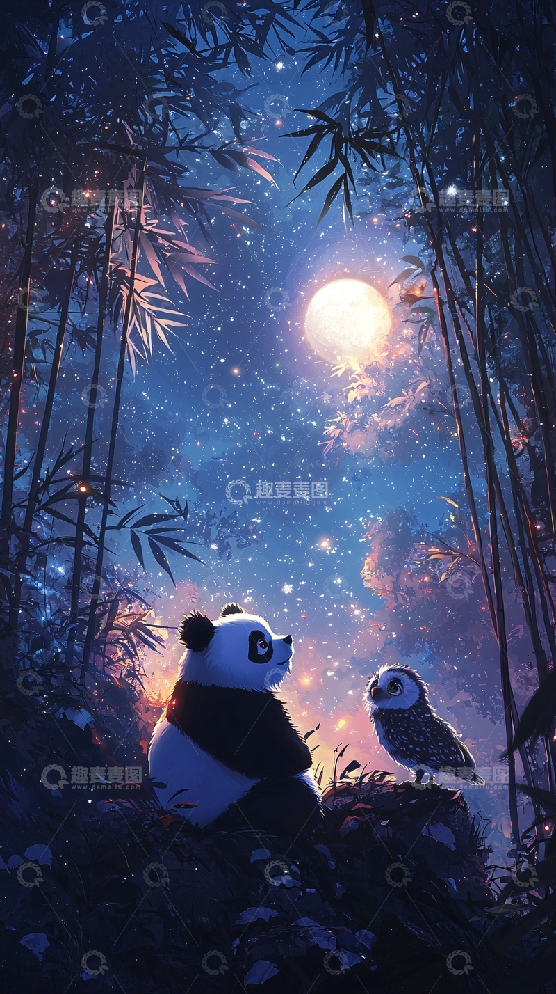高清大图下载【趣麦麦图】星空下的熊猫和猫头鹰