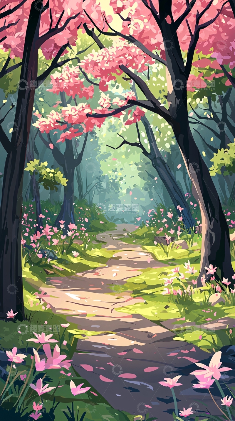高清大图下载【趣麦麦图】粉色樱花树林小路