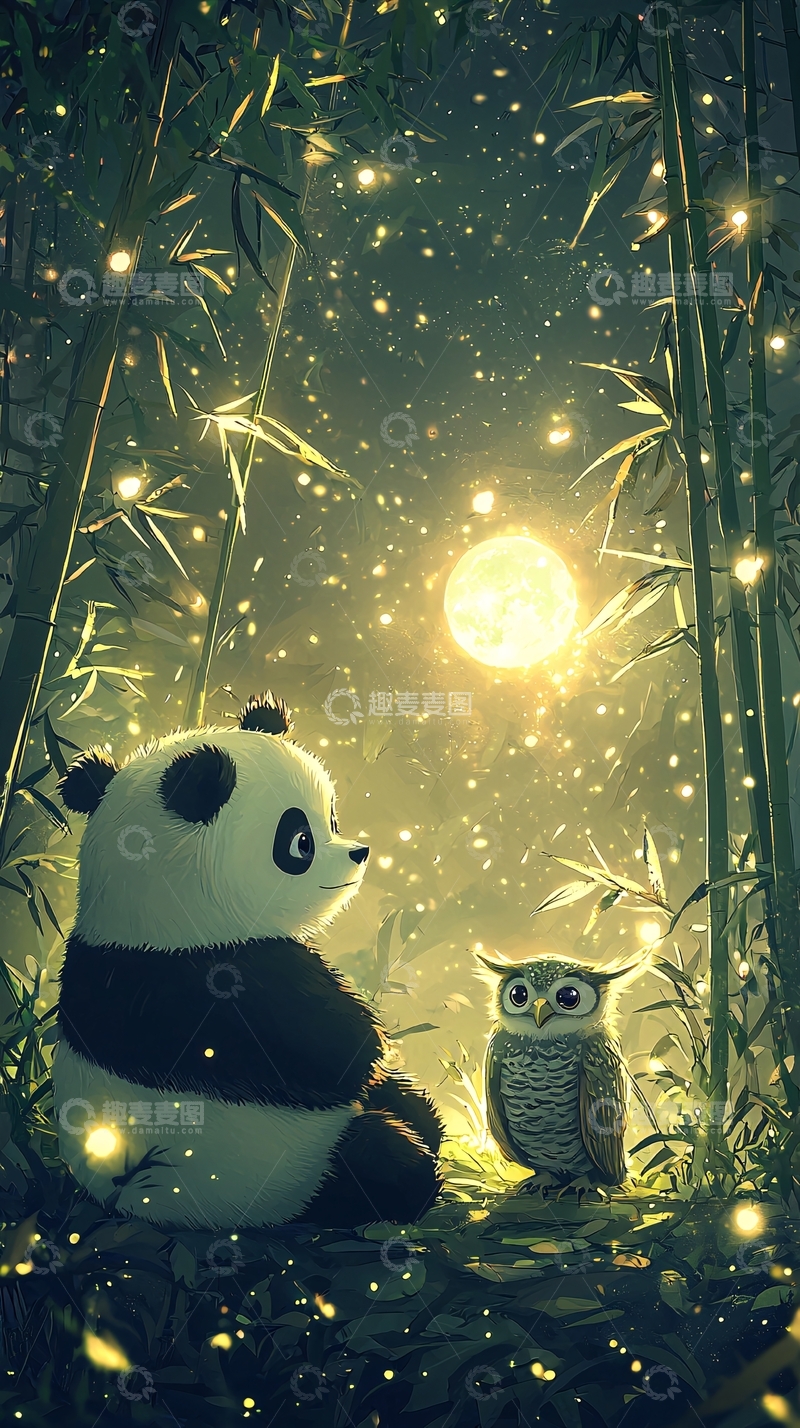 高清大图下载【趣麦麦图】熊猫和猫头鹰的夜晚