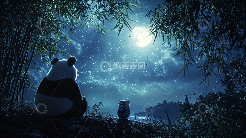 高清大图下载【趣麦麦图】熊猫和猫头鹰看月亮