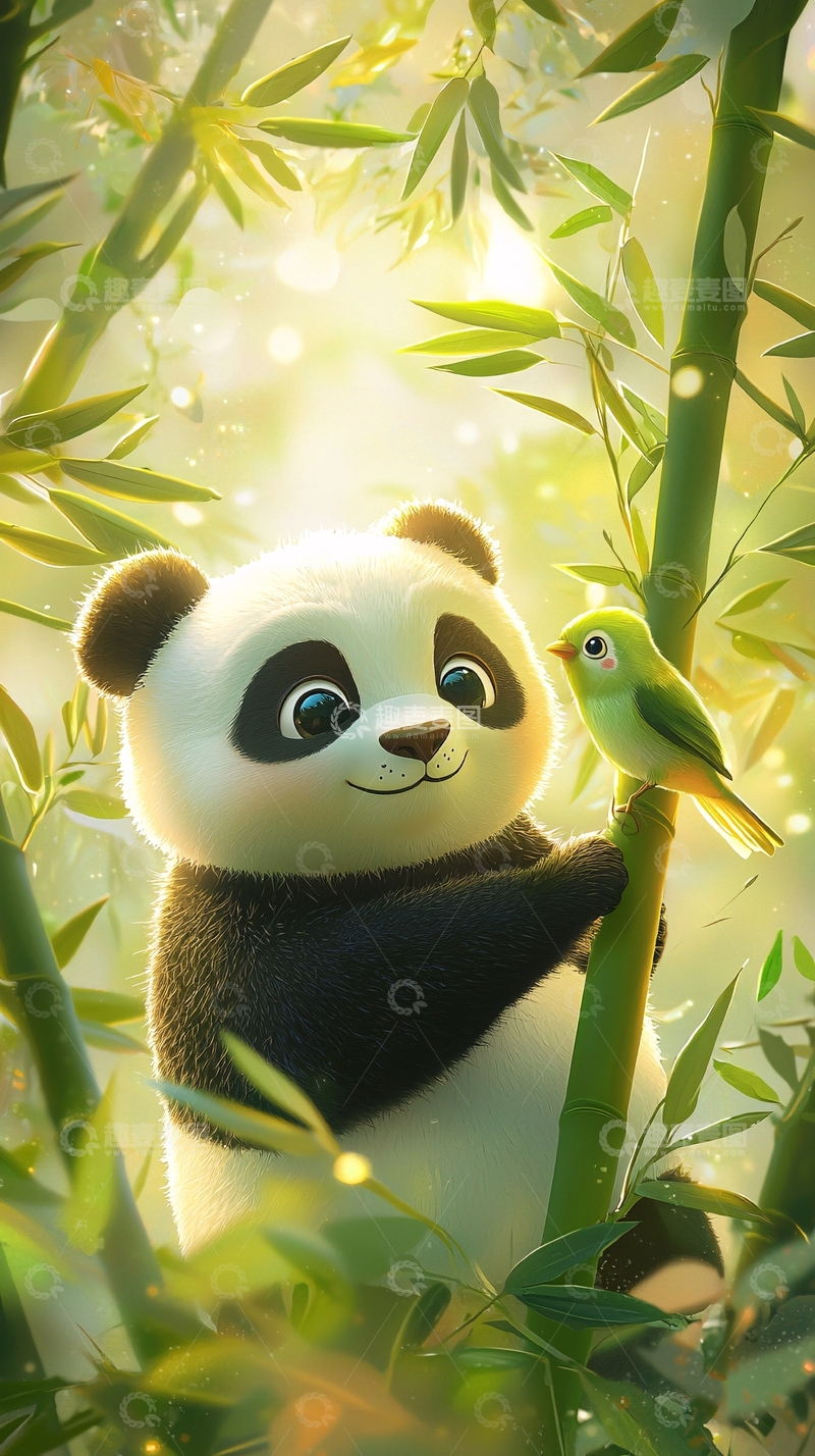 高清大图下载【趣麦麦图】萌宠熊猫与小鸟竹林